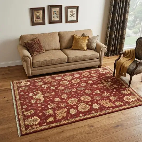 Red And Gold Wool Floral Hand Knotted Area Rug With Fringe Photo 1