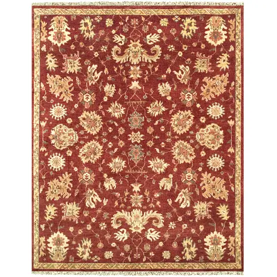 Red And Gold Wool Floral Hand Knotted Area Rug With Fringe Photo 2
