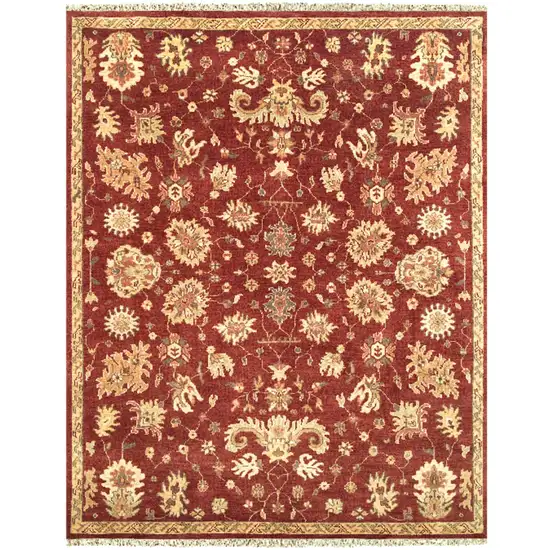 Red And Gold Wool Floral Hand Knotted Area Rug With Fringe Photo 3