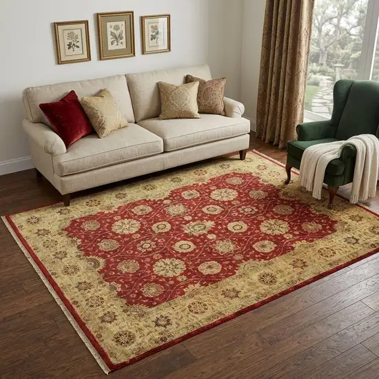 Red And Gold Wool Oriental Hand Knotted Area Rug Photo 1