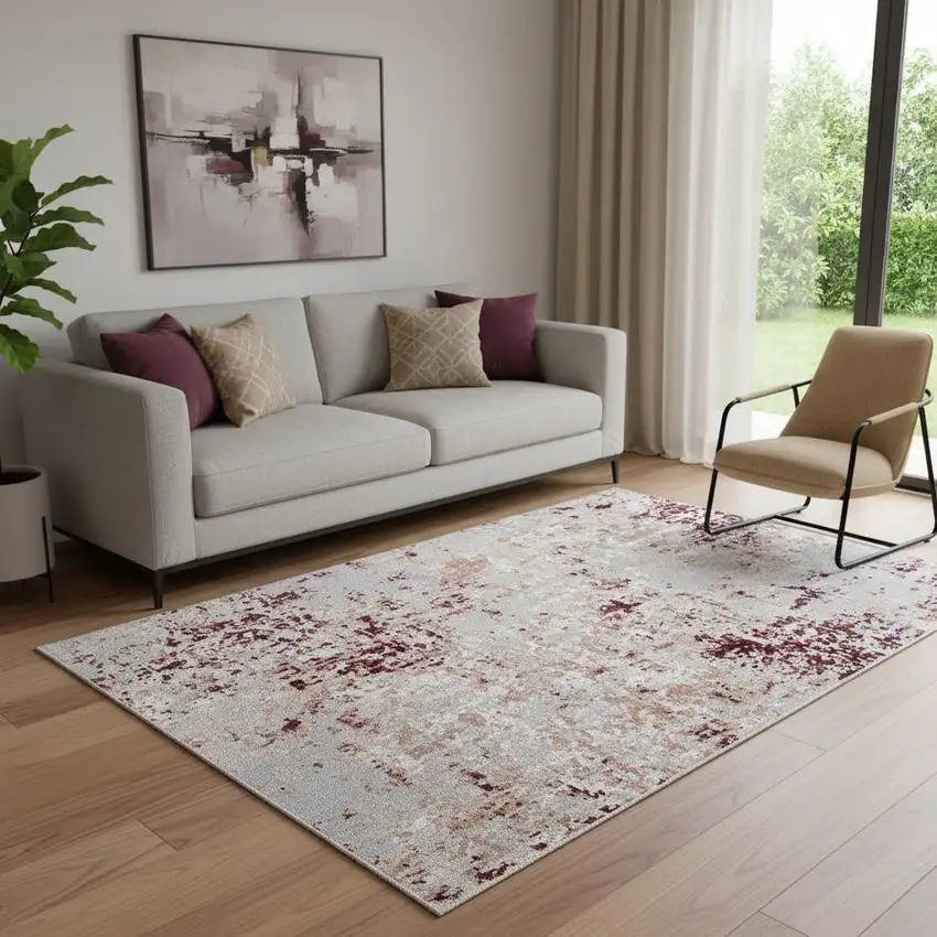 Red And Gray Abstract Distressed Washable Area Rug Photo 1