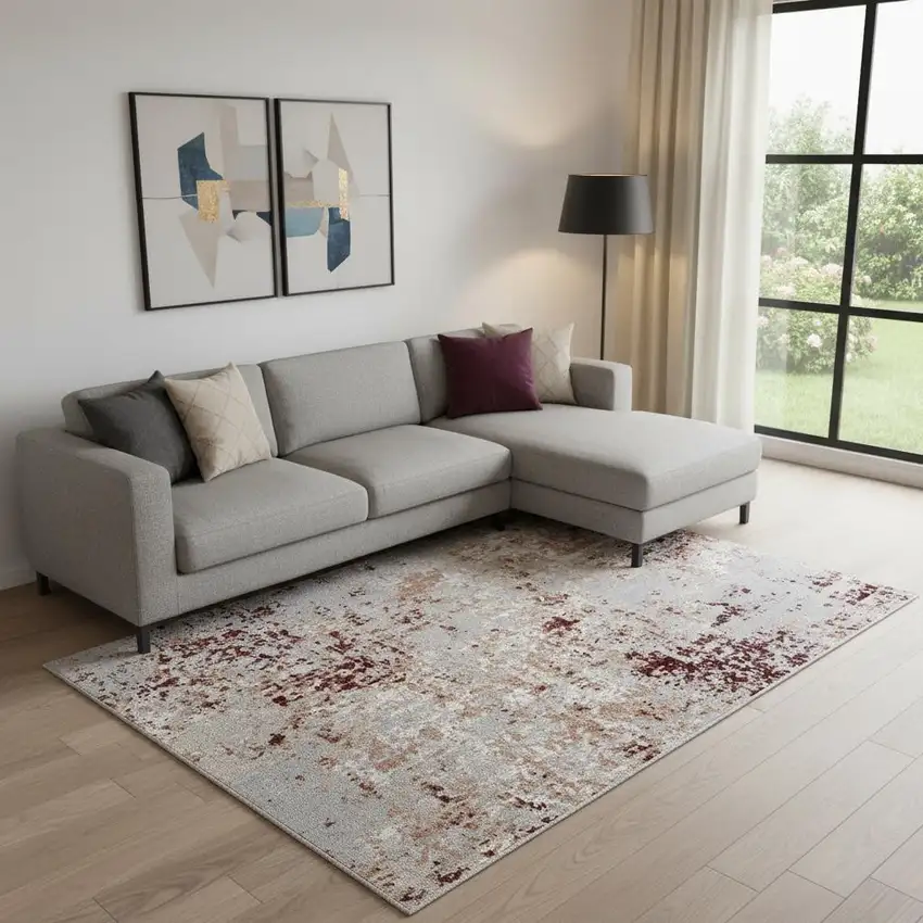 Red And Gray Abstract Distressed Washable Area Rug Photo 1