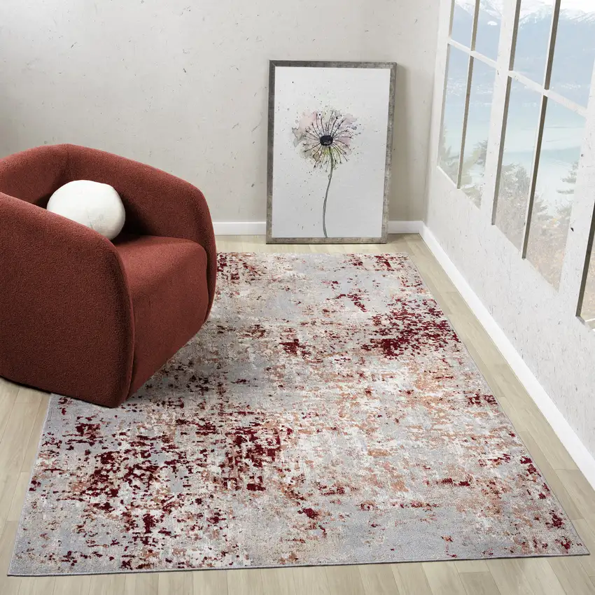 Red And Gray Abstract Distressed Washable Area Rug Photo 4