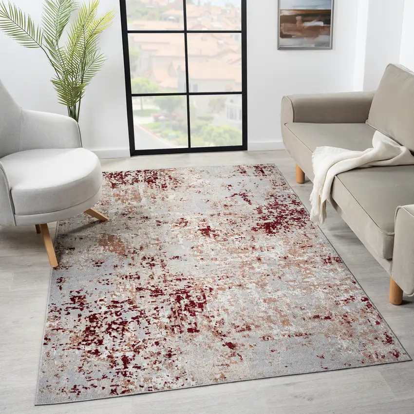 Red And Gray Abstract Distressed Washable Area Rug Photo 6