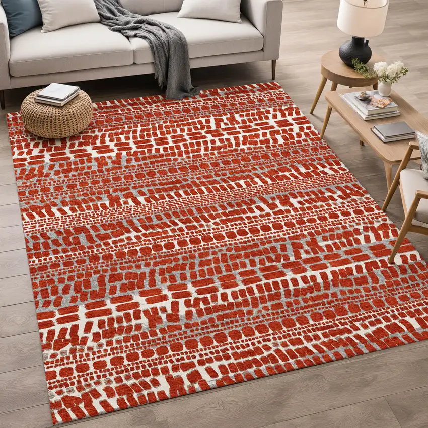 Red And Gray Abstract Washable Indoor Outdoor Area Rug Photo 5