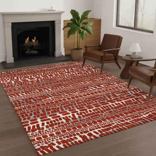 Red And Gray Abstract Washable Indoor Outdoor Area Rug Photo 6