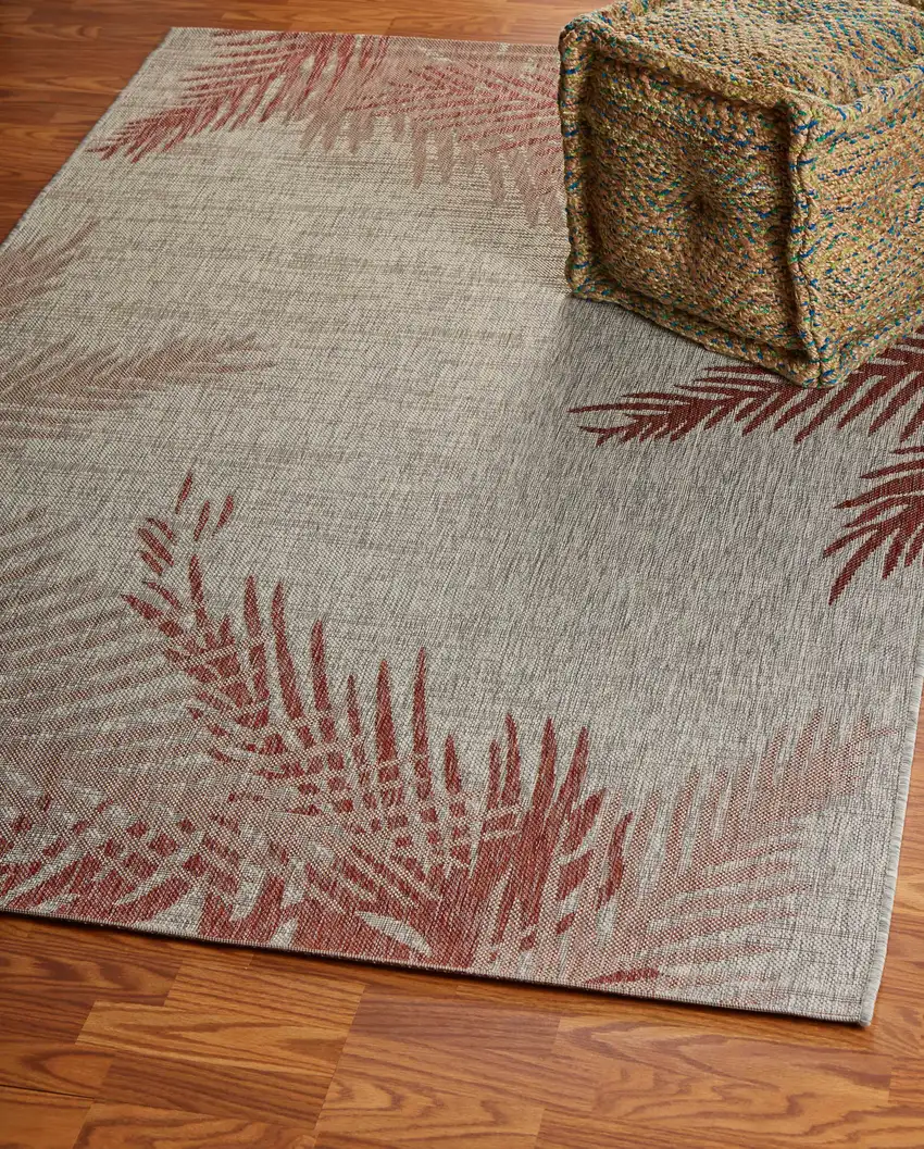 Red And Gray Floral Square Rug Photo 1