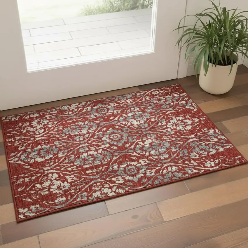 Red And Gray Floral Washable Area Rug With UV Protection Photo 2