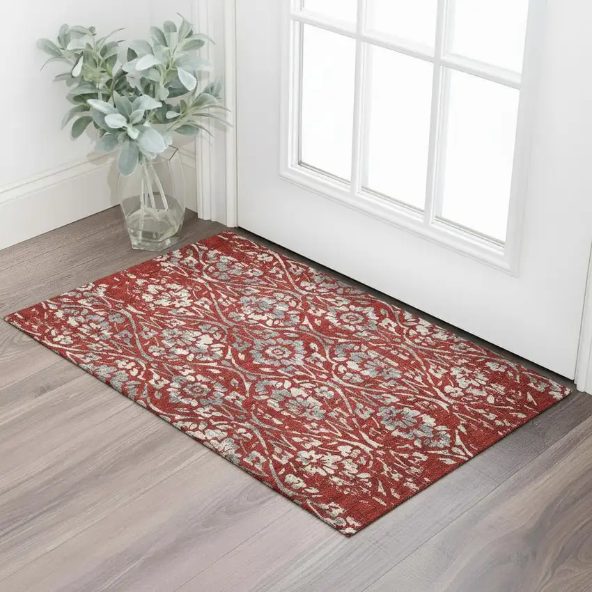Red And Gray Floral Washable Area Rug With UV Protection Photo 1