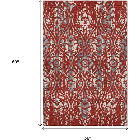 Red And Gray Floral Washable Area Rug With UV Protection Photo 3