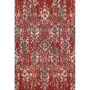 Photo of Red And Gray Floral Washable Area Rug With UV Protection