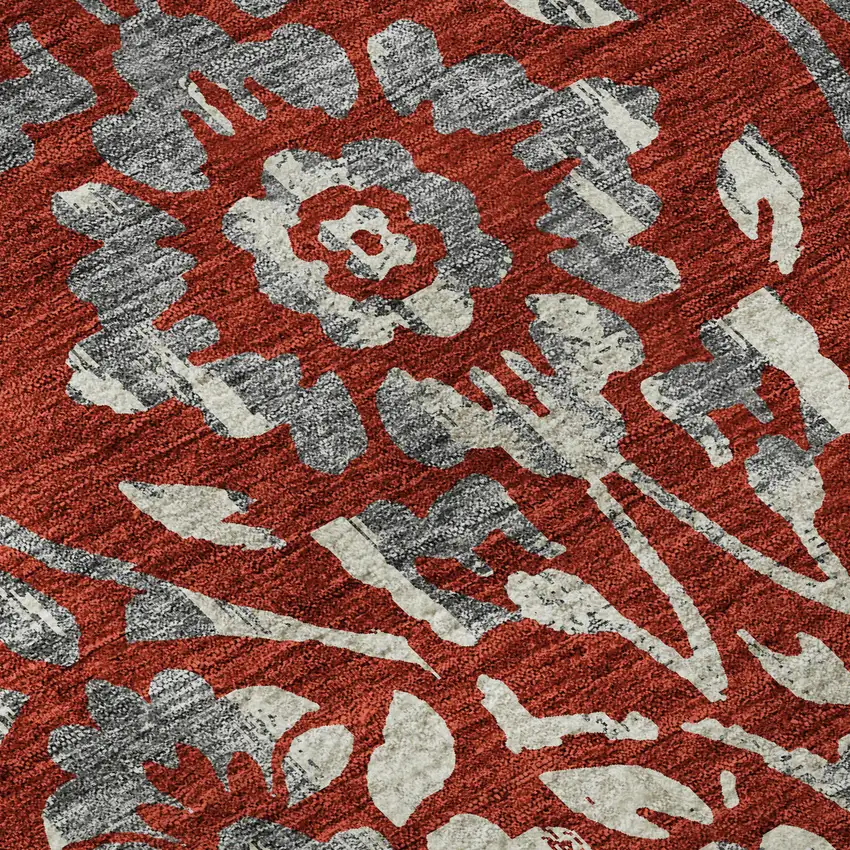 Red And Gray Floral Washable Area Rug With UV Protection Photo 9