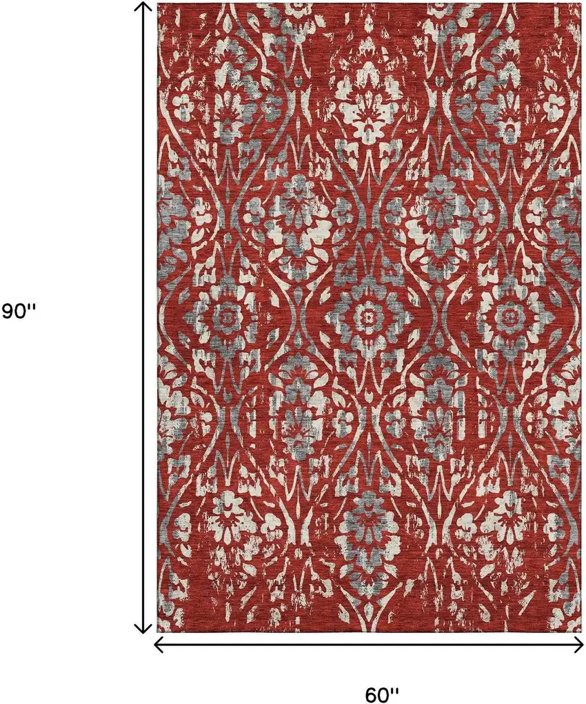 Red And Gray Floral Washable Area Rug With UV Protection Photo 7