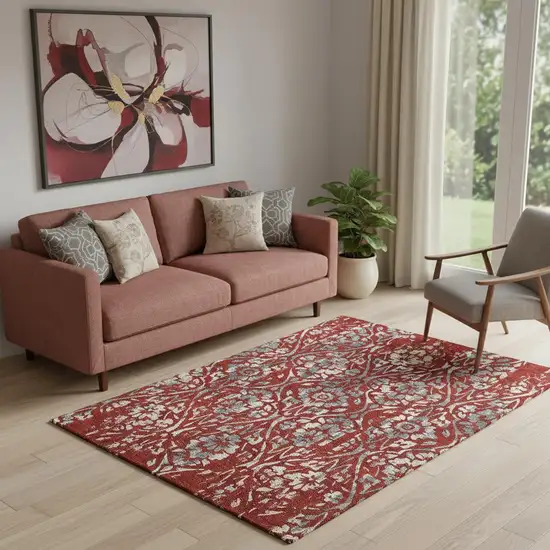 Red And Gray Floral Washable Area Rug With UV Protection Photo 1