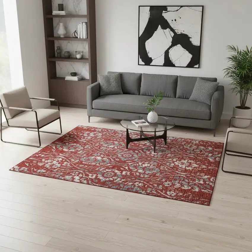 Red And Gray Floral Washable Area Rug With UV Protection Photo 2