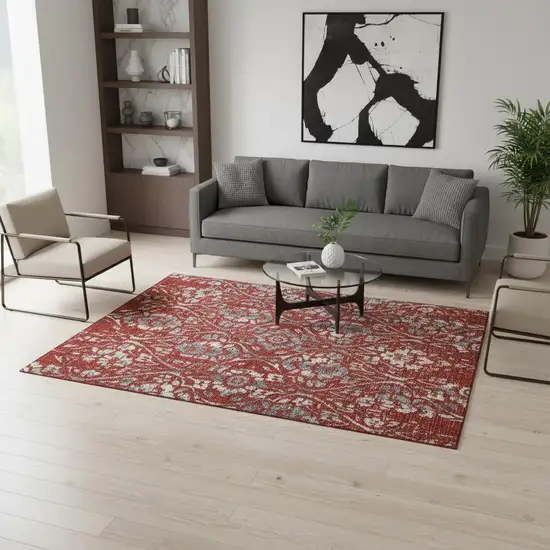 Red And Gray Floral Washable Area Rug With UV Protection Photo 2