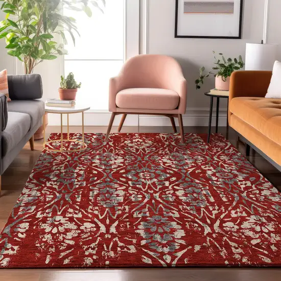Red And Gray Floral Washable Area Rug With UV Protection Photo 4