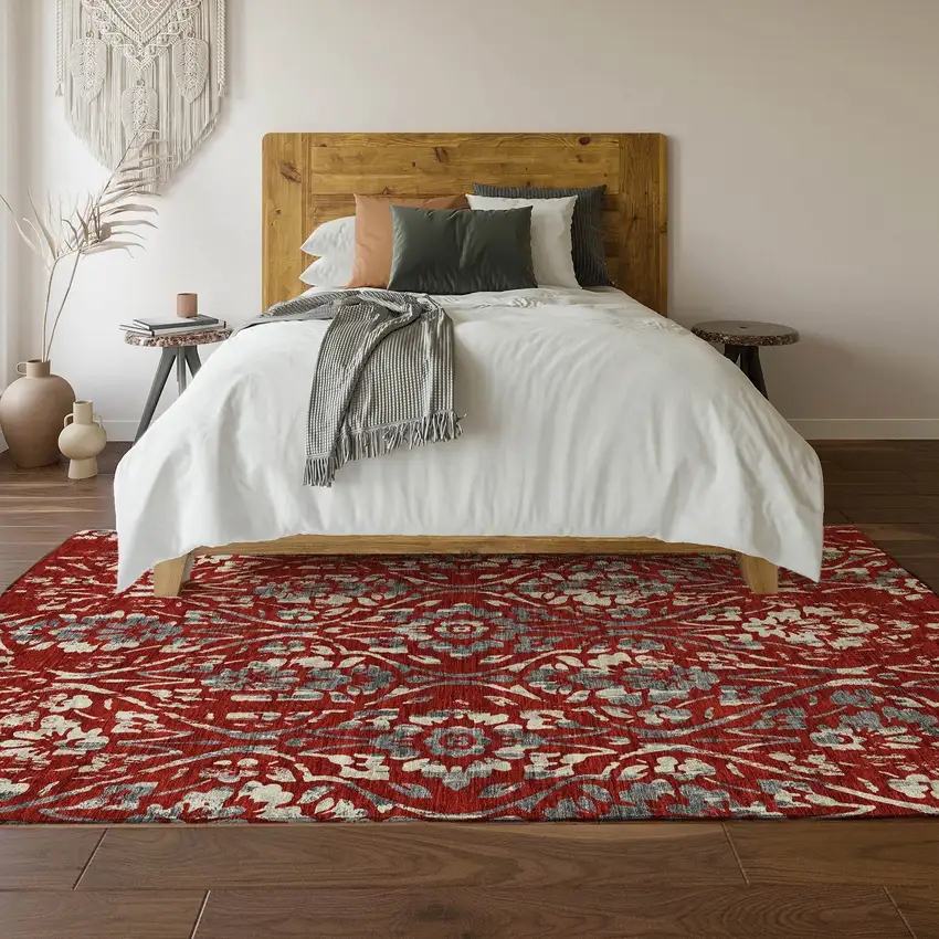 Red And Gray Floral Washable Area Rug With UV Protection Photo 5