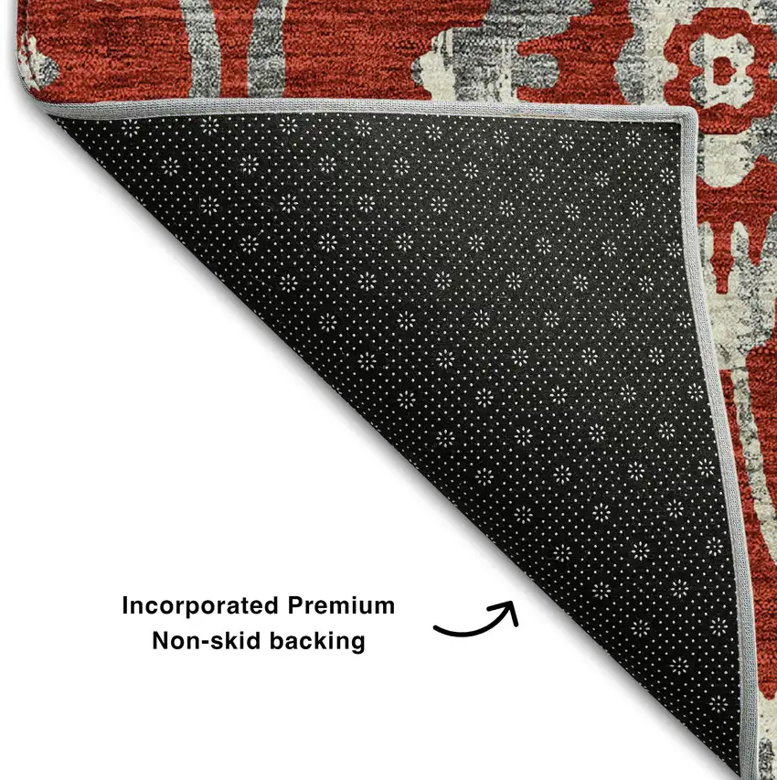 Red And Gray Floral Washable Area Rug With UV Protection Photo 7
