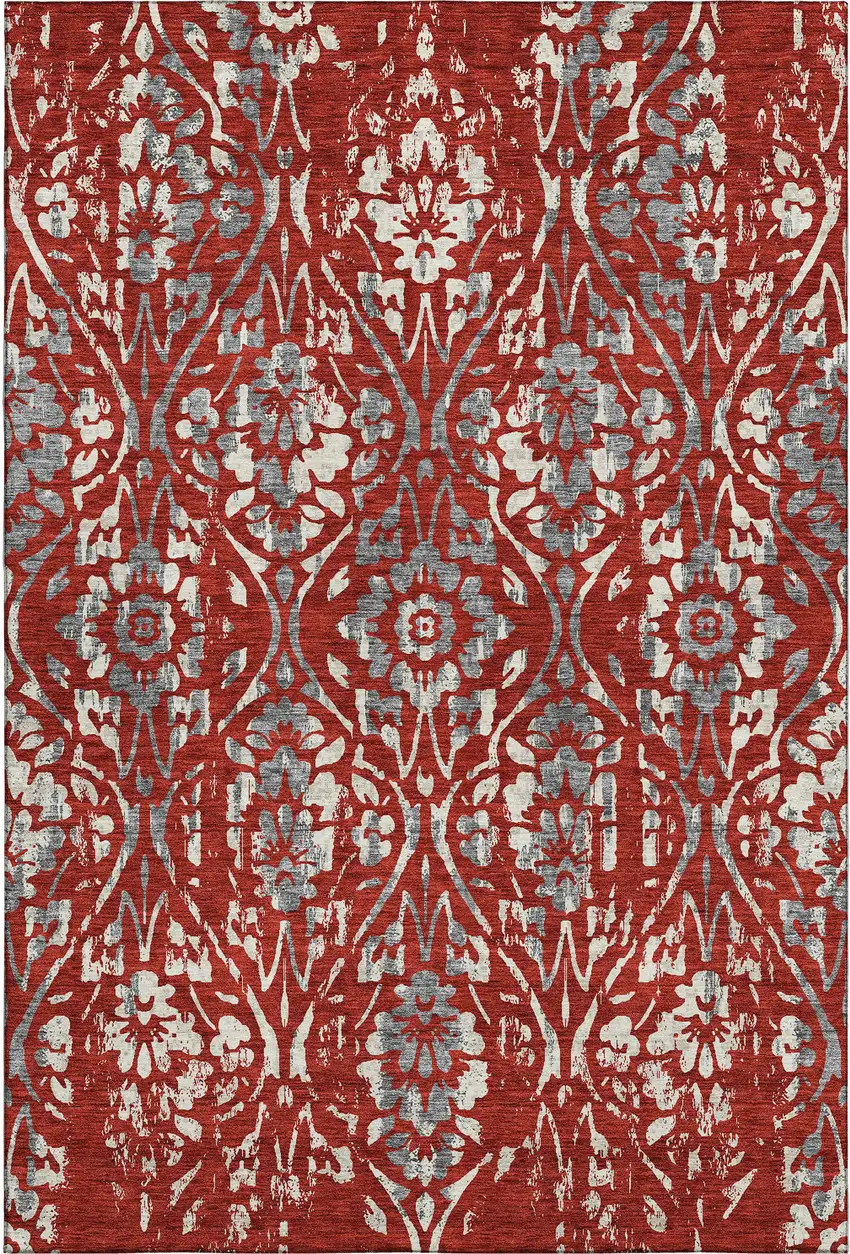 Red And Gray Floral Washable Area Rug With UV Protection Photo 1