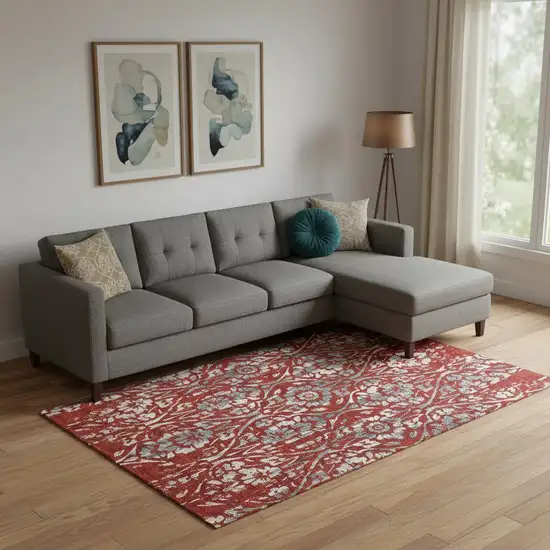 Red And Gray Floral Washable Area Rug With UV Protection Photo 1