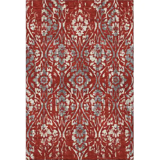 Red And Gray Floral Washable Area Rug With UV Protection Photo 4