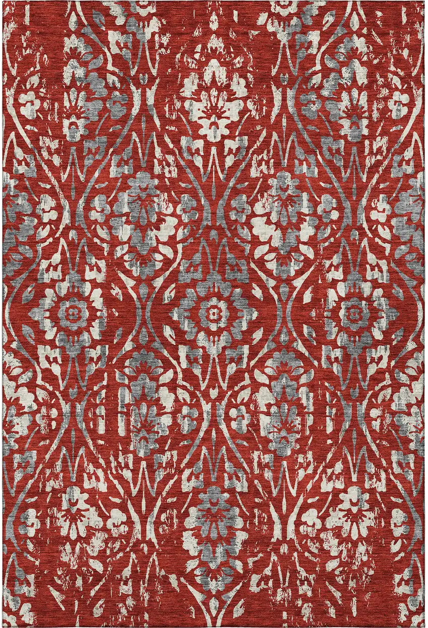 Red And Gray Floral Washable Area Rug With UV Protection Photo 4
