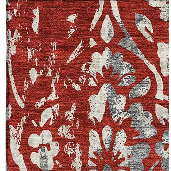 Red And Gray Floral Washable Area Rug With UV Protection Photo 3