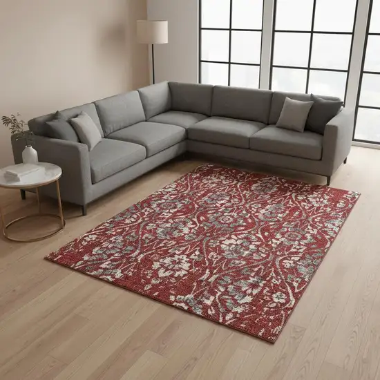 Red And Gray Floral Washable Area Rug With UV Protection Photo 2