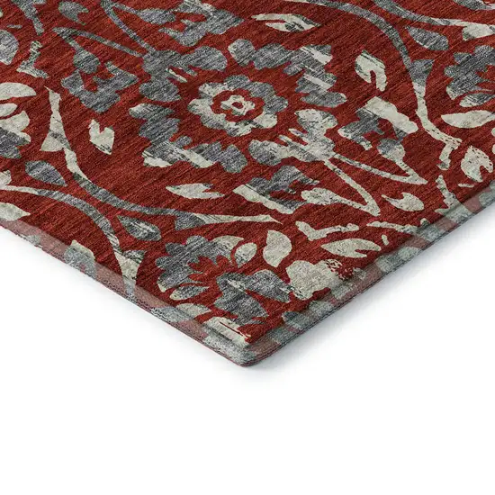 Red And Gray Floral Washable Area Rug With UV Protection Photo 8
