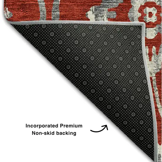 Red And Gray Floral Washable Area Rug With UV Protection Photo 7