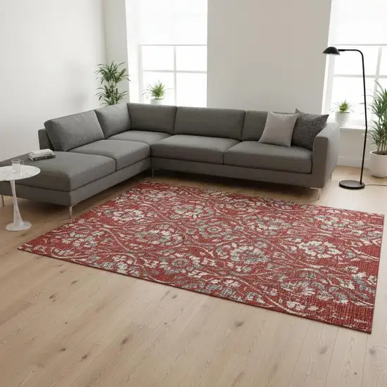 Red And Gray Floral Washable Area Rug With UV Protection Photo 2