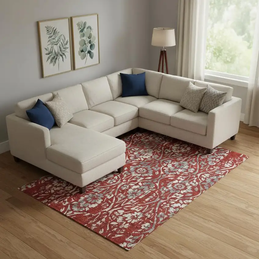 Red And Gray Floral Washable Area Rug With UV Protection Photo 1