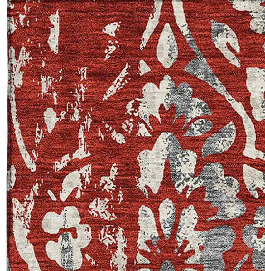 Red And Gray Floral Washable Area Rug With UV Protection Photo 3