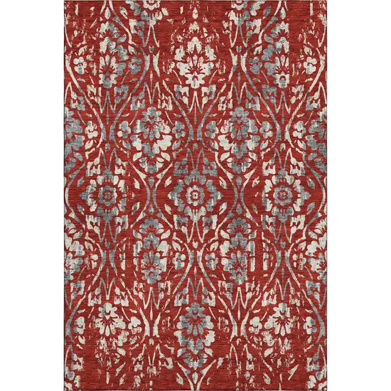 Red And Gray Floral Washable Area Rug With UV Protection Photo 1