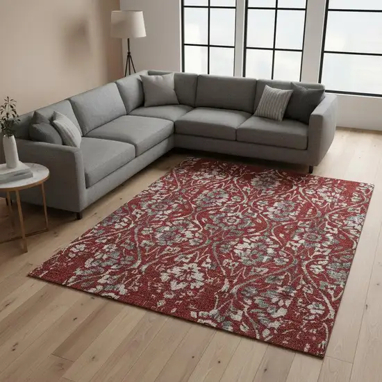 Red And Gray Floral Washable Area Rug With UV Protection Photo 2