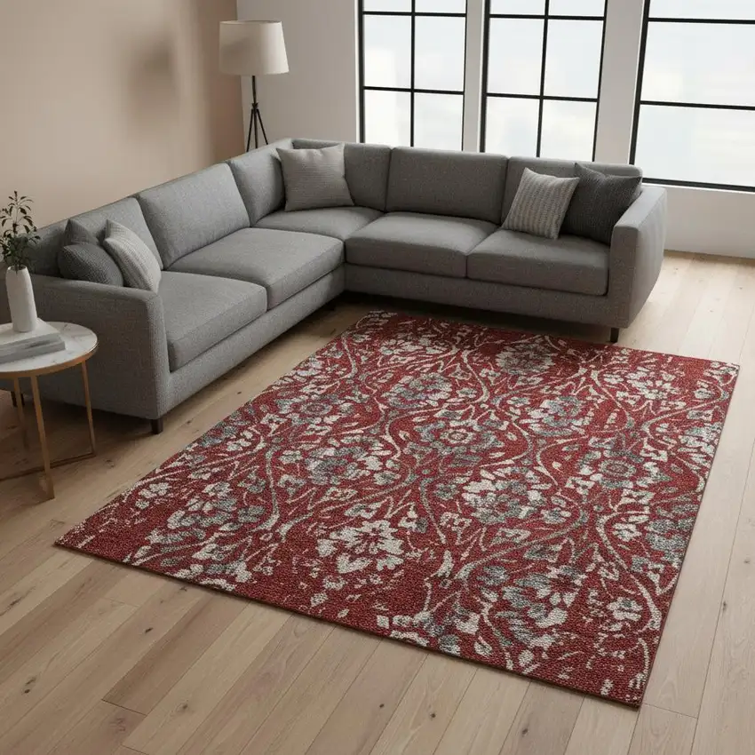 Red And Gray Floral Washable Area Rug With UV Protection Photo 2