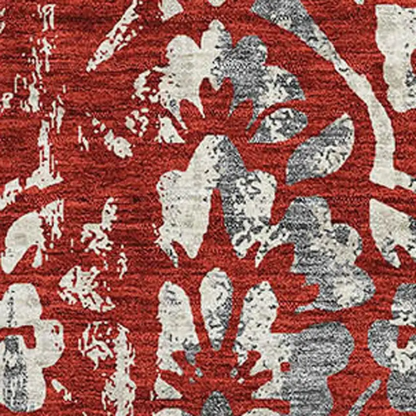 Red And Gray Floral Washable Area Rug With UV Protection Photo 3