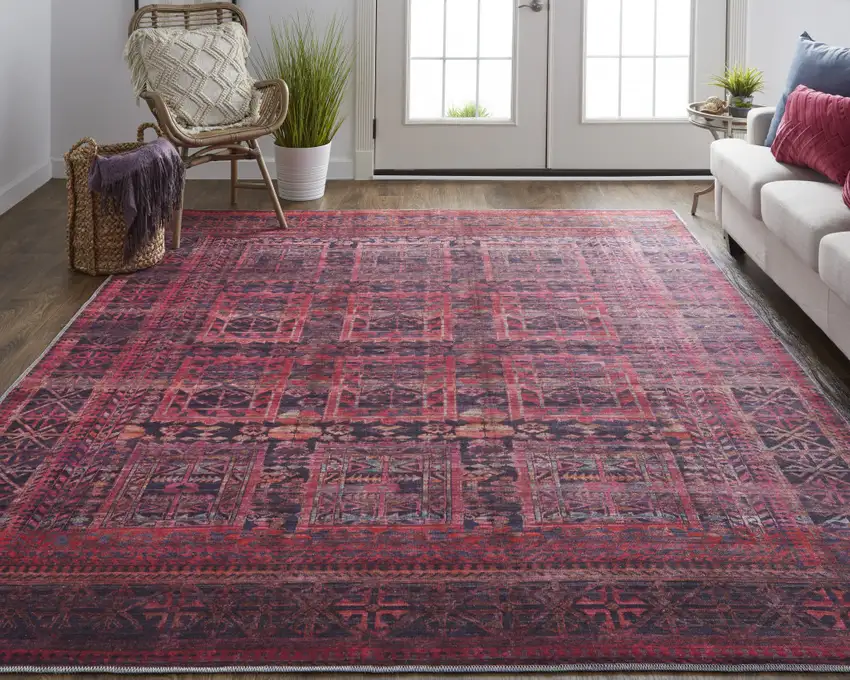 Red And Gray Geometric Power Loom Area Rug Photo 7