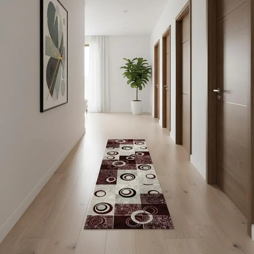 Red And Gray Geometric Runner Rug Photo 1