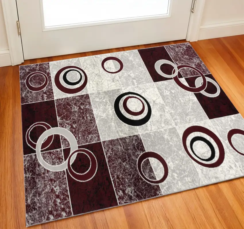 Red And Gray Geometric Square Rug Photo 1