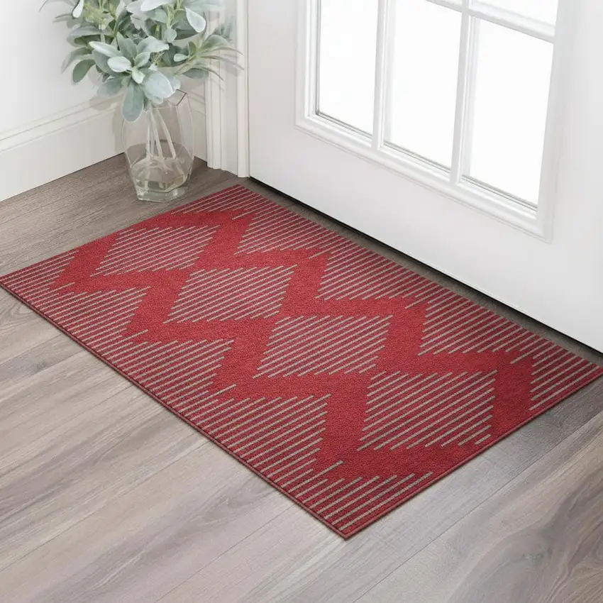 Red And Gray Geometric Washable Area Rug With UV Protection Photo 2