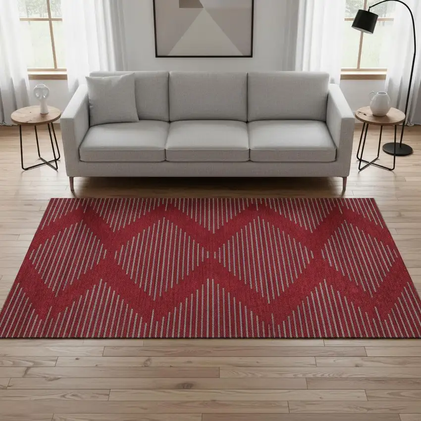 Red And Gray Geometric Washable Area Rug With UV Protection Photo 2