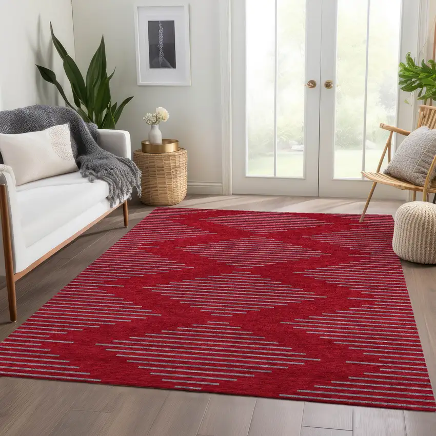 Red And Gray Geometric Washable Area Rug With UV Protection Photo 5