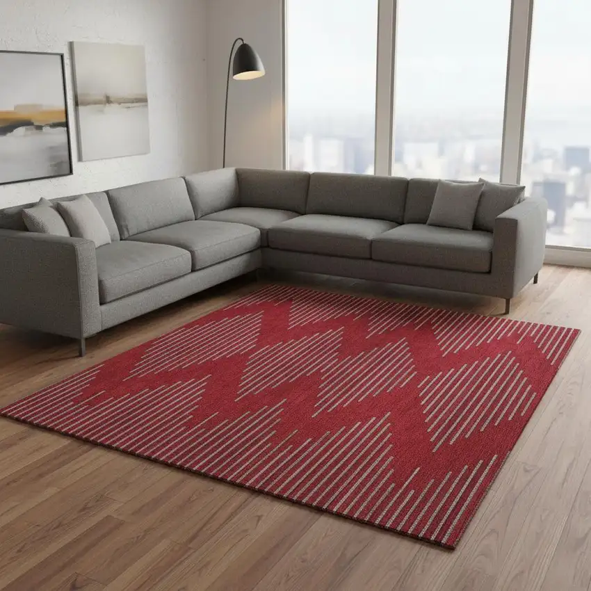 Red And Gray Geometric Washable Area Rug With UV Protection Photo 2