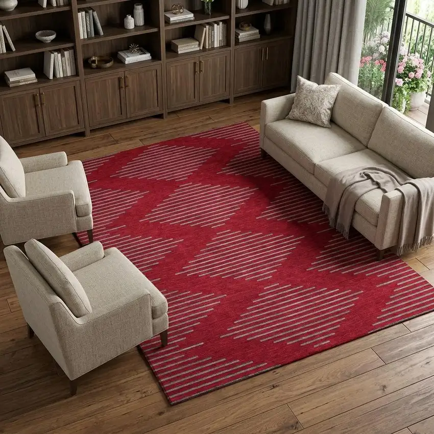 Red And Gray Geometric Washable Area Rug With UV Protection Photo 1