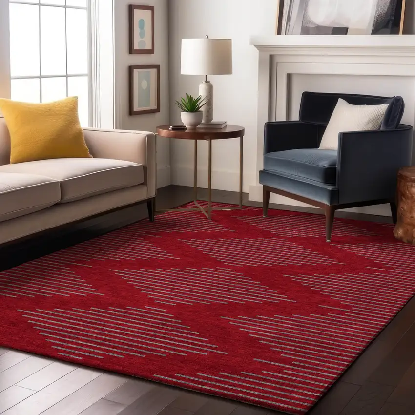 Red And Gray Geometric Washable Area Rug With UV Protection Photo 3