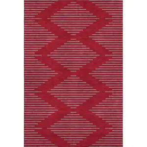 Photo of Red And Gray Geometric Washable Area Rug With UV Protection