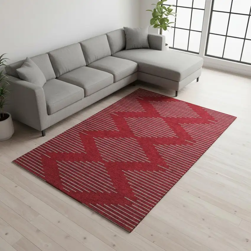 Red And Gray Geometric Washable Area Rug With UV Protection Photo 2