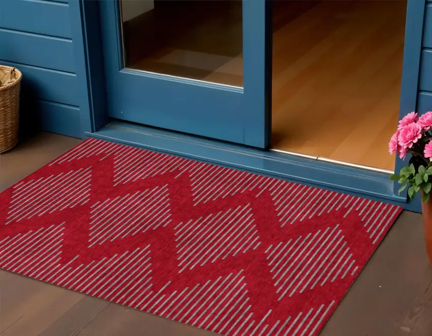 Red And Gray Geometric Washable Indoor Outdoor Area Rug Photo 1